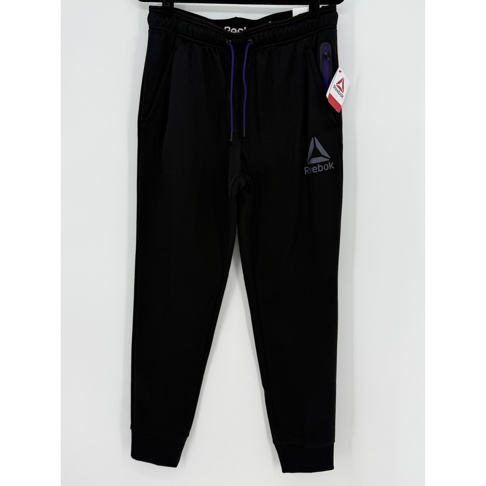 Reebok Mens Tempo Jogger Black Slim Fit Tapered Fleece Sweatpants Size M Comfort
